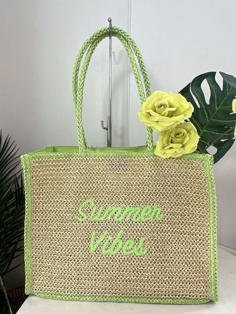 Summer Vibes Woven Tote Bag – Green Trim