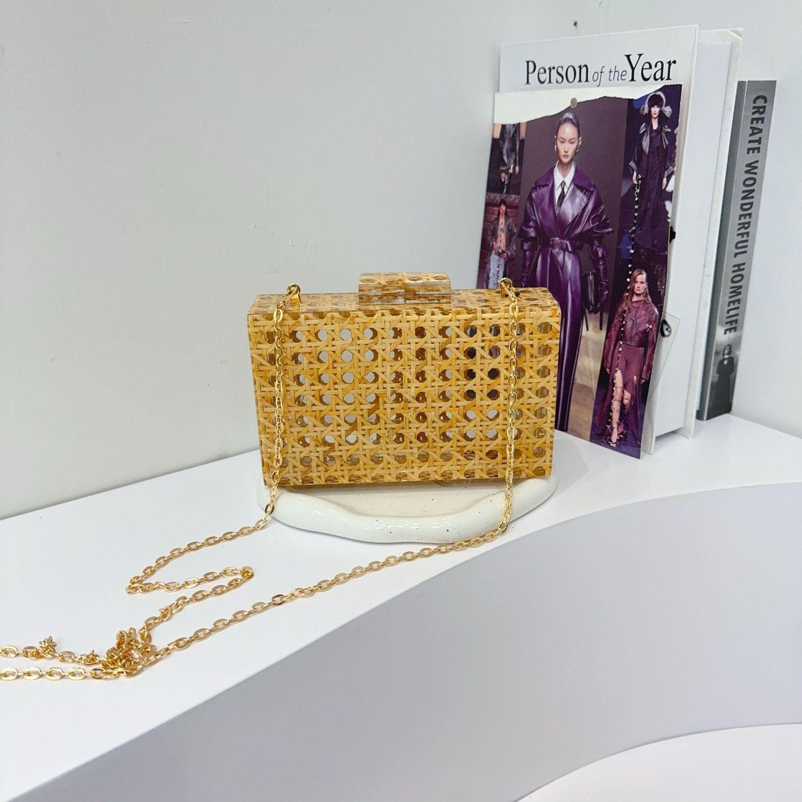 Woven Rattan Box Clutch with Gold Chain
