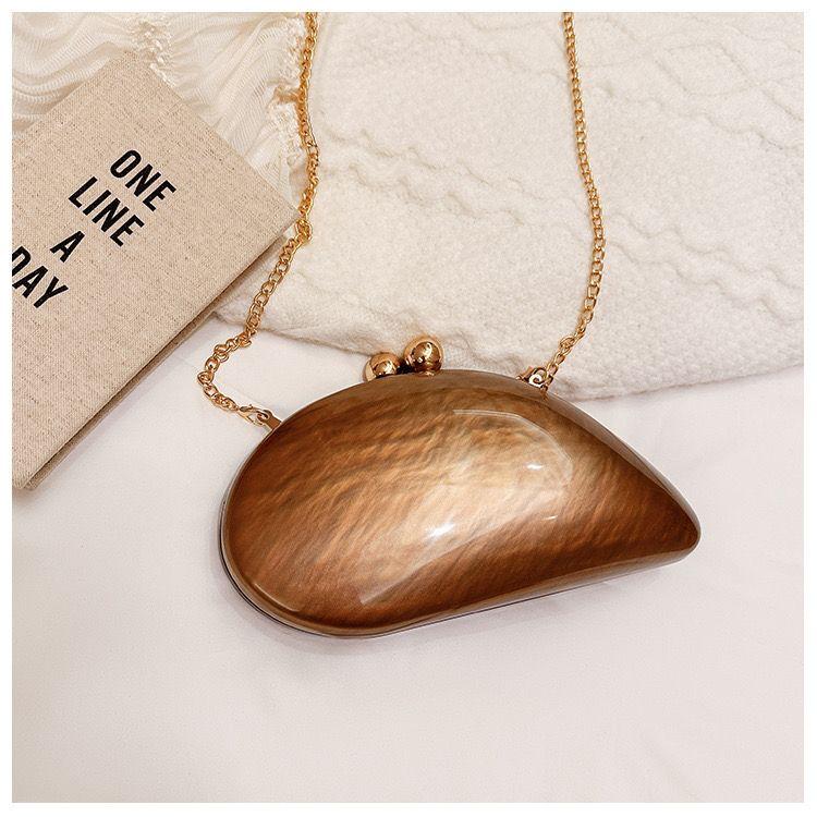 Glossy Brown Acrylic Evening Clutch – Gold Chain Luxury Handbag