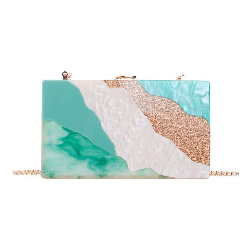 Geometric Resin Box Clutch with Green & Gold Waves