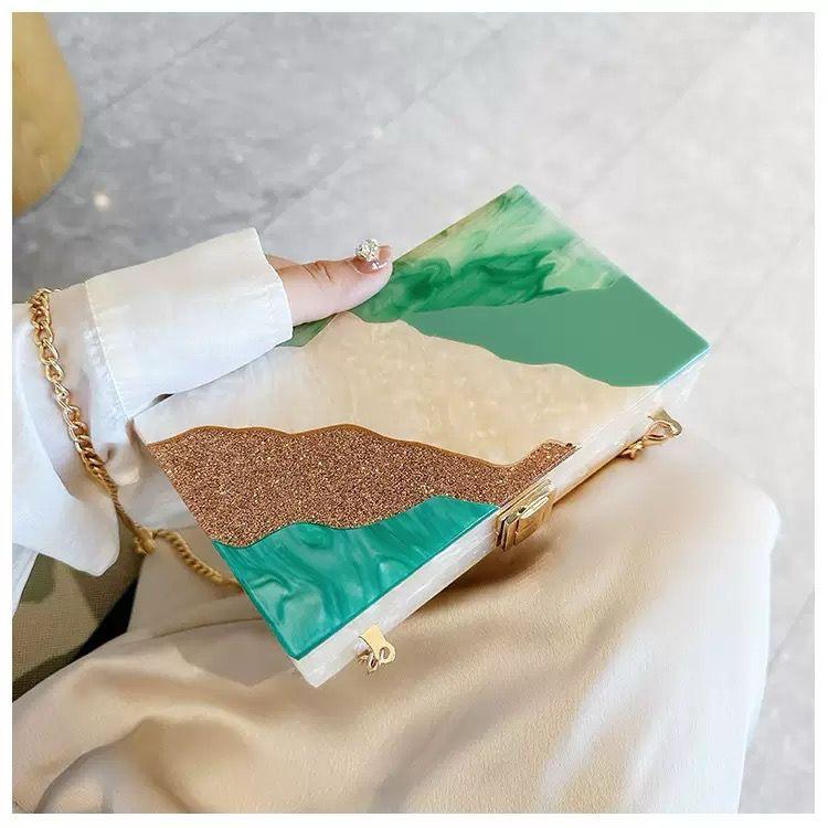 Geometric Resin Box Clutch with Green & Gold Waves