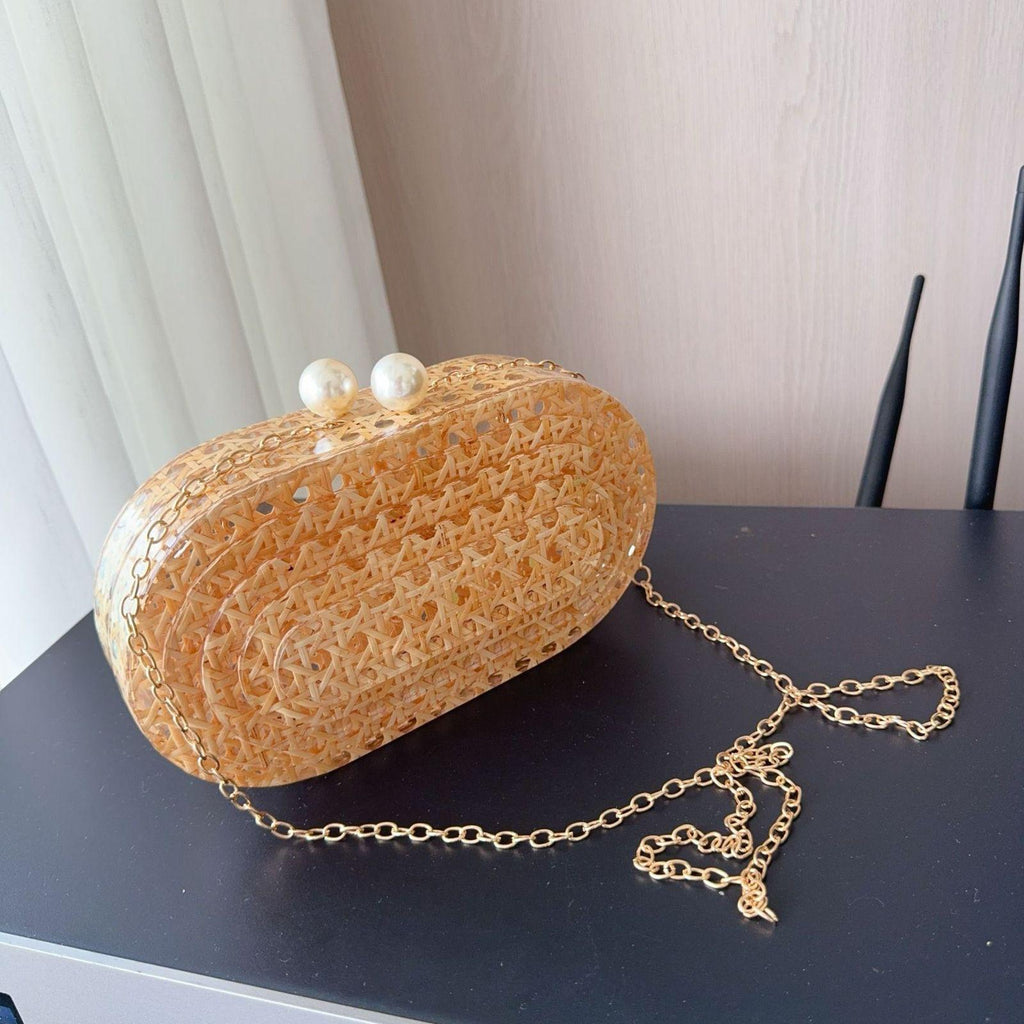 Golden Woven Pearl Clutch